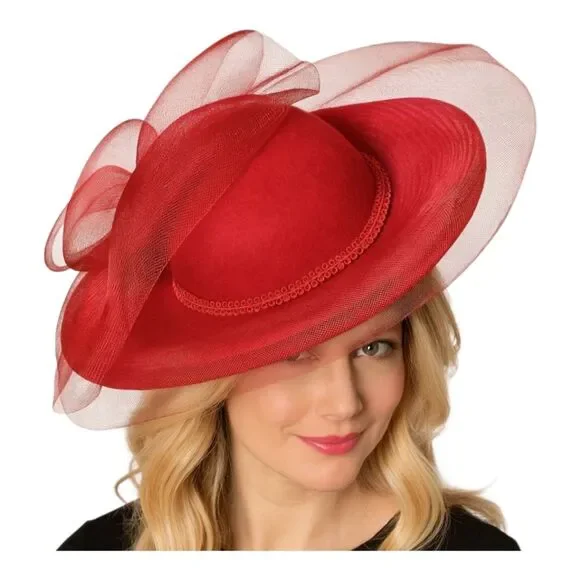 Vintage Wool RED Fascinator Hat Organza Kentucky Derby Church Bridal Tea Wedding - Picture 1 of 15
